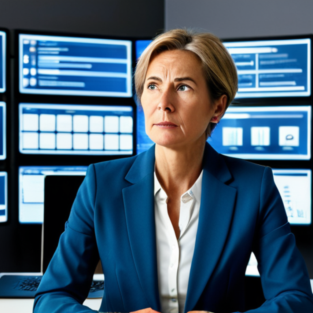 A professional, middle-aged woman in a modest business blazer and shirt, sitting at a modern desk. Her expression is thoughtful, slightly overwhelmed, surrounded by subtle glowing screens displaying numerous icons and notifications, symbolizing digital noise and information overload. The background is a contemporary, light-filled office space. safe for work, appropriate content, fully clothed, professional dress, perfect anatomy, correct proportions, natural pose, well-formed hands, proper finger count, natural body proportions, high-quality photograph, professional photography, focus on clarity, mental well-being.