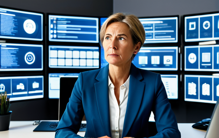 A professional, middle-aged woman in a modest business blazer and shirt, sitting at a modern desk. Her expression is thoughtful, slightly overwhelmed, surrounded by subtle glowing screens displaying numerous icons and notifications, symbolizing digital noise and information overload. The background is a contemporary, light-filled office space. safe for work, appropriate content, fully clothed, professional dress, perfect anatomy, correct proportions, natural pose, well-formed hands, proper finger count, natural body proportions, high-quality photograph, professional photography, focus on clarity, mental well-being.