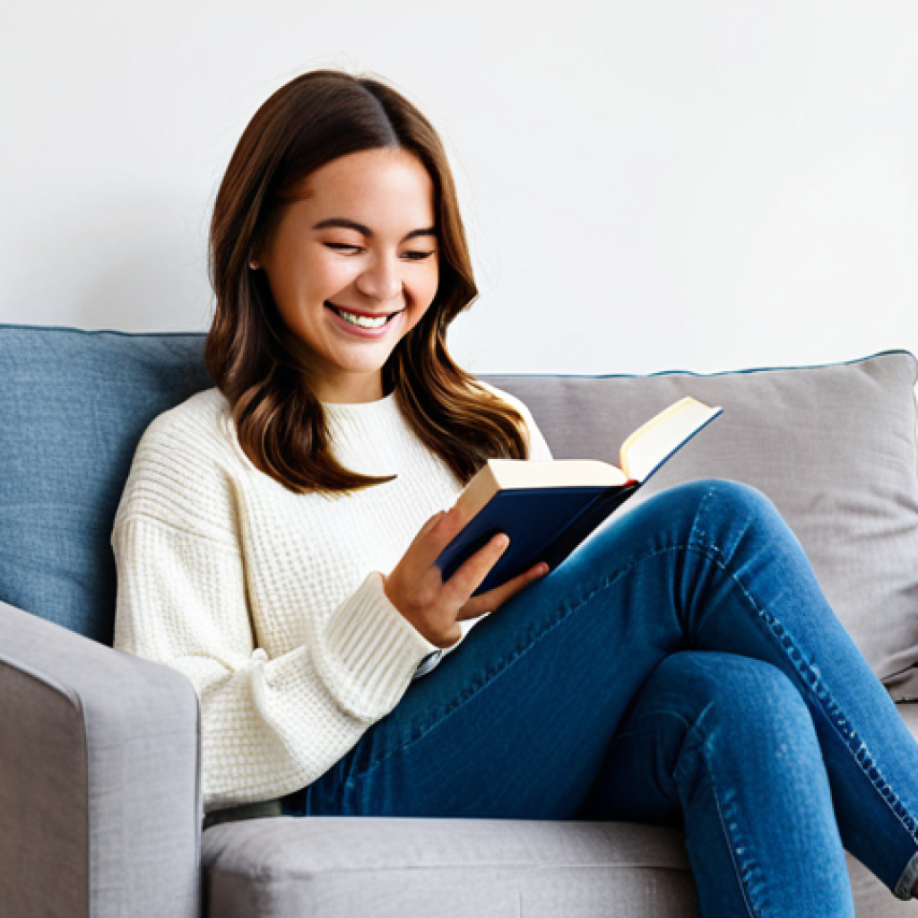 **

"A woman in her late 20s, fully clothed in a modest, casual outfit (jeans and a sweater), sitting comfortably in an armchair in a sunny, minimalist living room. She is smiling gently and holding a physical book. In the background, a charging station with a phone is visible, but the focus is on the woman and the book. Safe for work, appropriate content, family-friendly, perfect anatomy, correct proportions, well-formed hands, natural pose, professional studio photography, soft lighting, healthy lifestyle aesthetic, uncluttered environment, promoting mindful consumption and relaxation."

**
