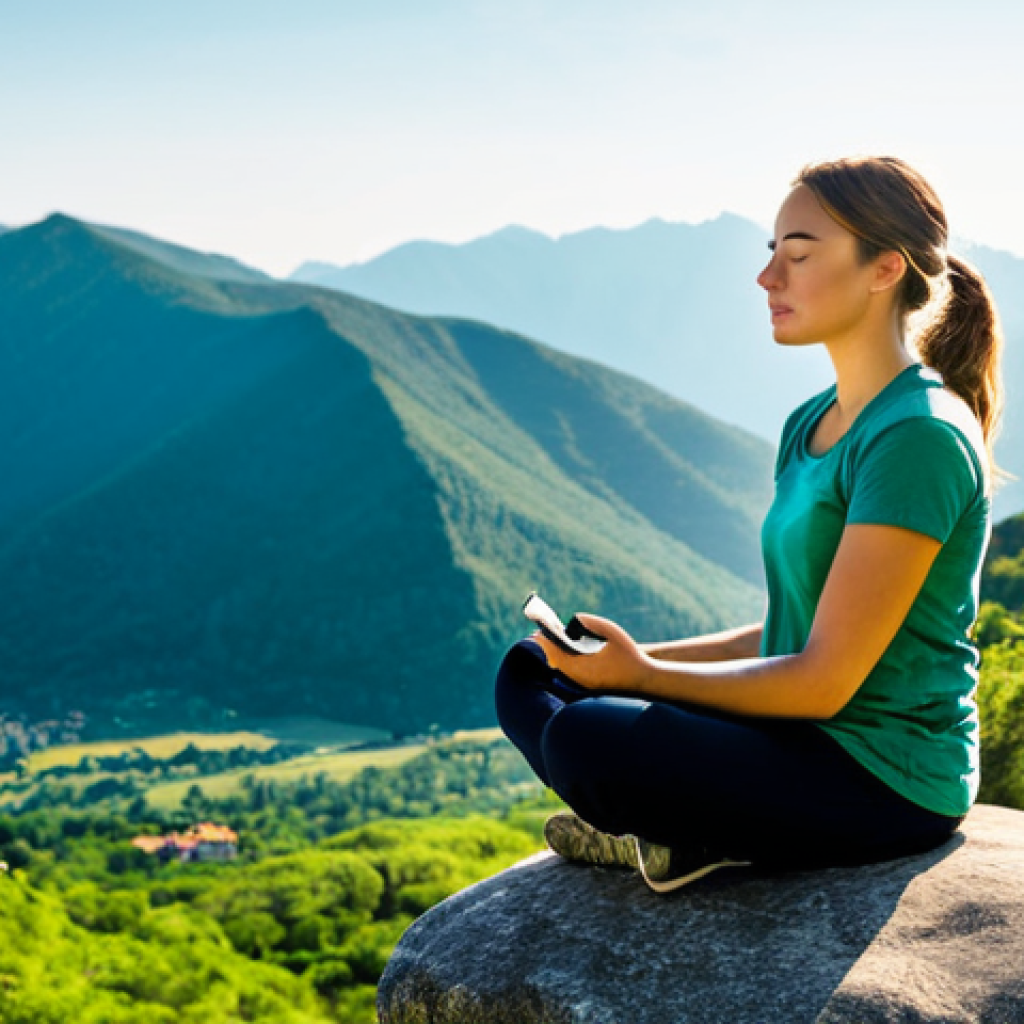 Digital Detox in Nature**

"A woman in comfortable, modest hiking attire sits peacefully on a large rock overlooking a scenic mountain vista, fully clothed, appropriate attire, safe for work. She is meditating with her eyes closed, phone put away. The scene is bathed in warm sunlight with lush greenery in the foreground. Perfect anatomy, natural proportions, professional photography, high quality, family-friendly."

**