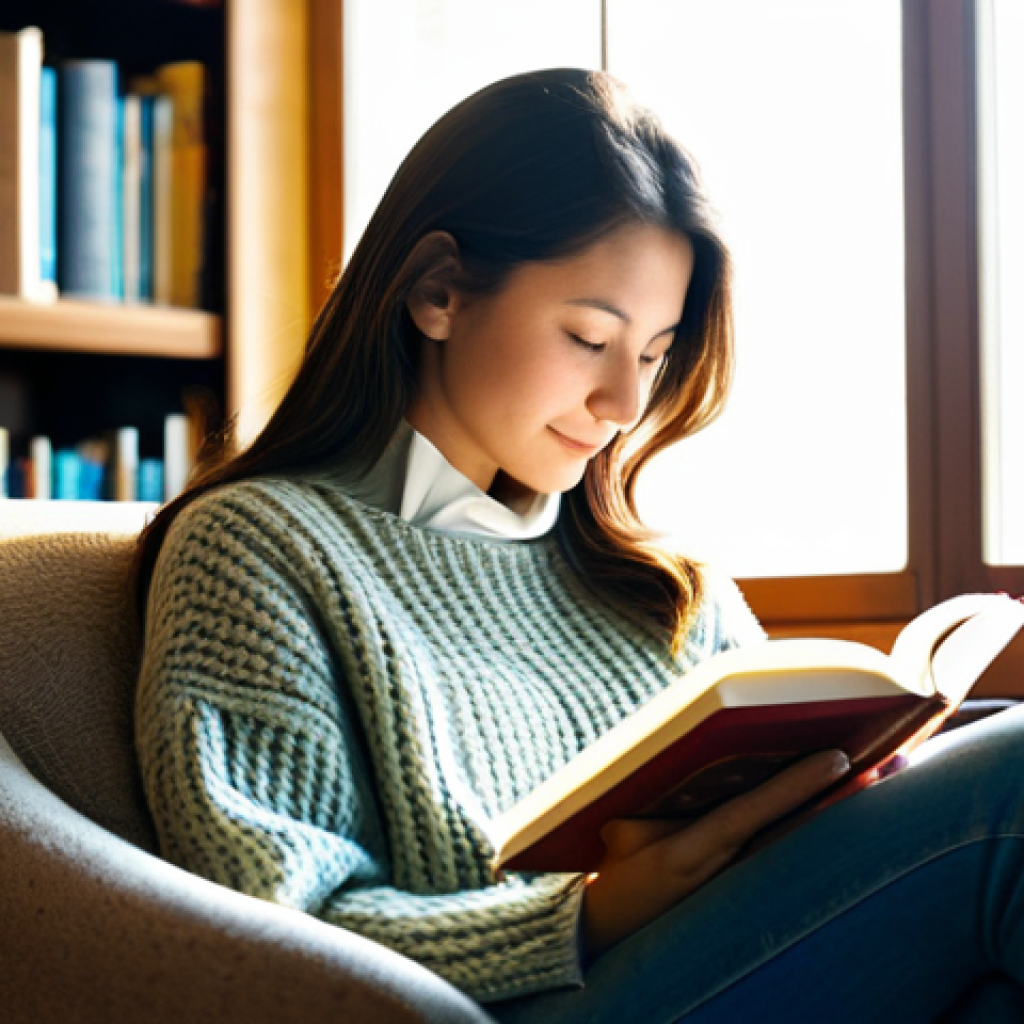 Serene Mindful Reader**
A woman sitting in a cozy armchair in a sunlit library, fully clothed in a modest sweater and jeans, reading a book with a peaceful expression. Soft, warm lighting, bookshelves in the background, a cup of tea on a nearby table. Perfect anatomy, correct proportions, natural pose, well-formed hands, proper finger count, natural body proportions. Safe for work, appropriate content, fully clothed, professional, family-friendly.
**