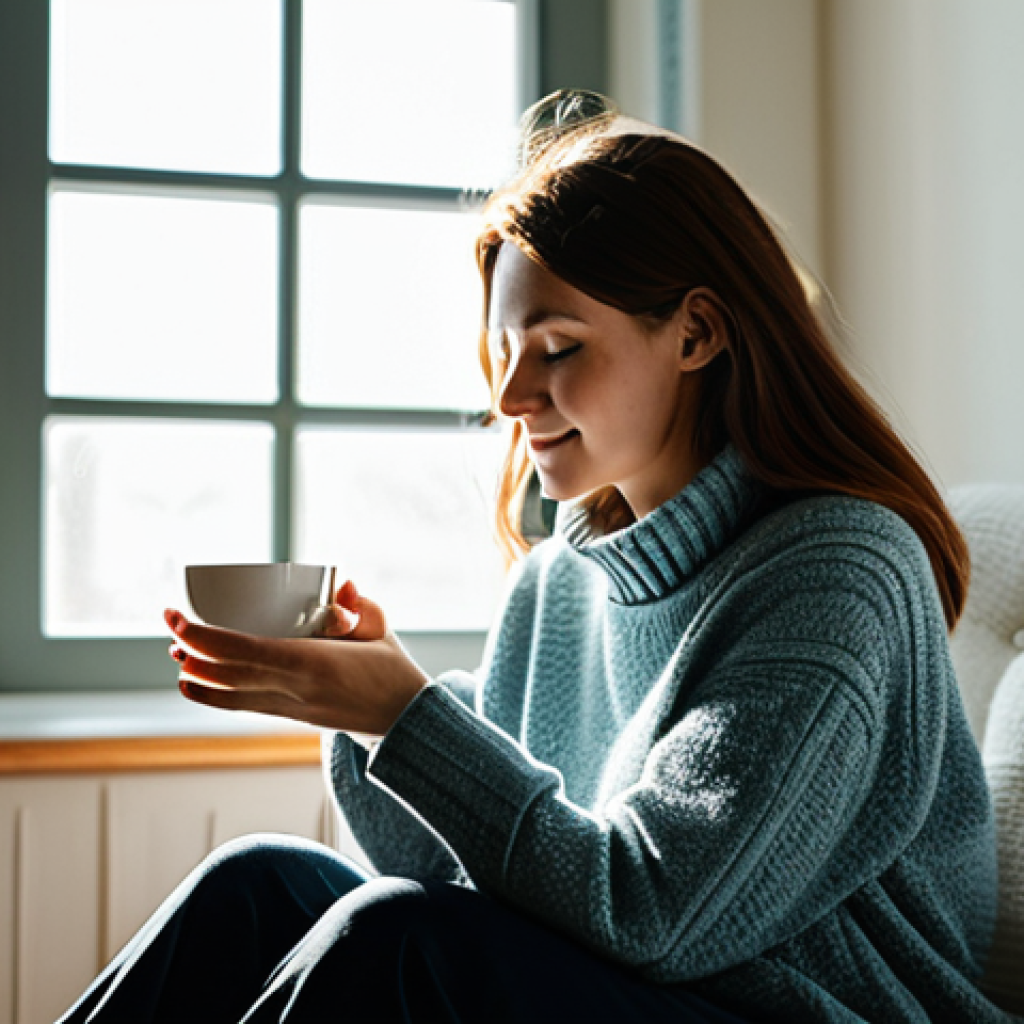 정보 다이어트법과 자아 성장 - **Prompt:** A woman in a cozy, fully clothed outfit, sitting in a sunlit room, mindfully enjoying a ...