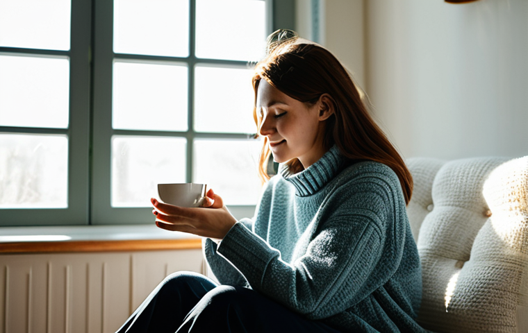 정보 다이어트법과 자아 성장 - **Prompt:** A woman in a cozy, fully clothed outfit, sitting in a sunlit room, mindfully enjoying a ...