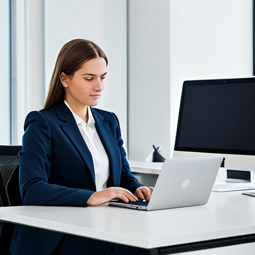 정보 다이어트법과 기술의 발전 - **
"A professional woman in a modest blazer and dress pants, sitting at a clean desk in a bright, m...