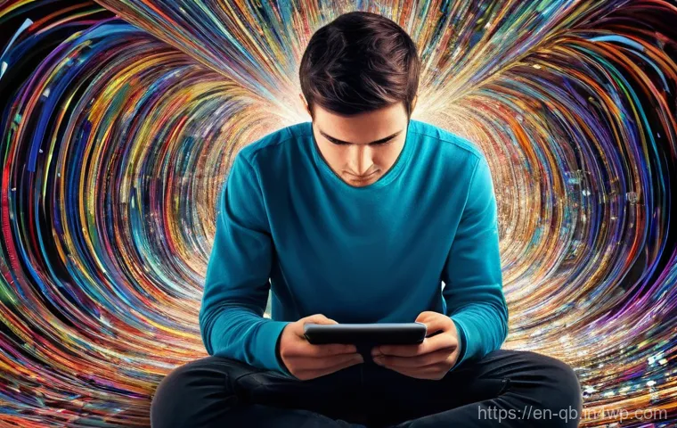 정보 다이어트법의 성공적인 접근법 - **Digital Overload: The Information Firehose**
    **Prompt:** A young adult (20s-30s), wearing casu...