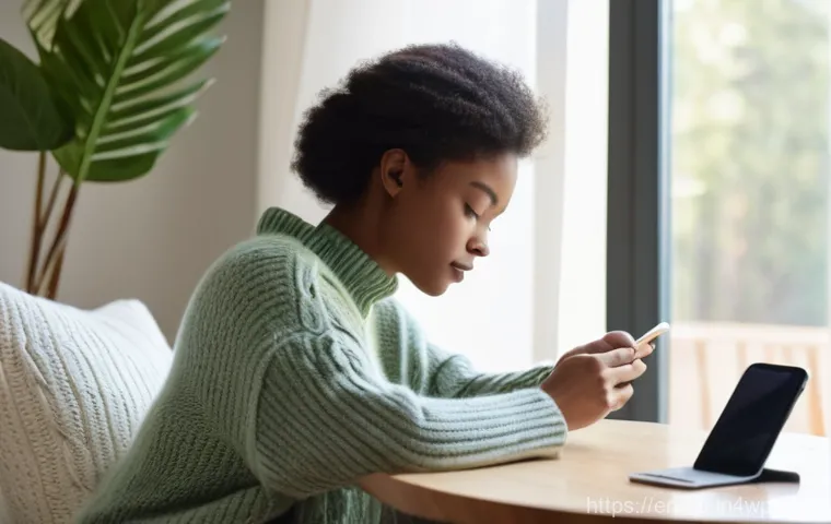 디지털 Detox와 정보 다이어트법 - A serene and thoughtful young woman, approximately 22 years old, with soft, natural hair, is gently ...