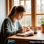 정보 다이어트법으로 생산성 높이기 - A cozy morning scene featuring a young adult sitting at a wooden kitchen table by a large window wit...