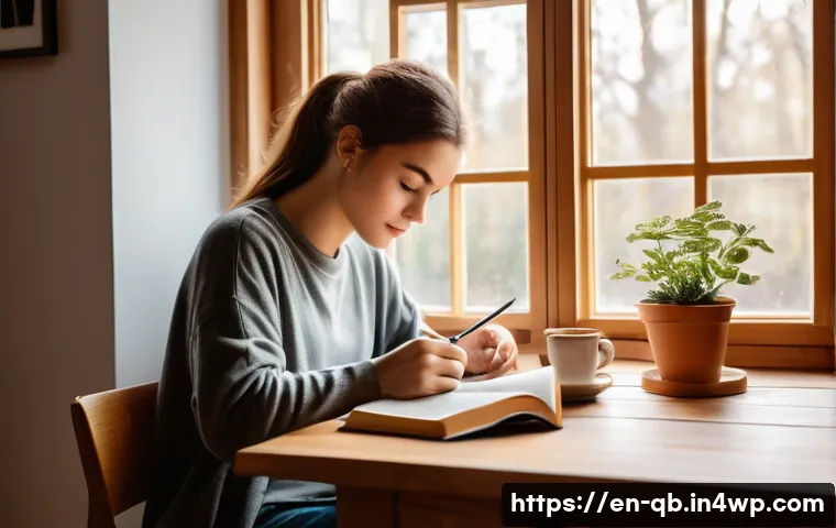 정보 다이어트법으로 생산성 높이기 - A cozy morning scene featuring a young adult sitting at a wooden kitchen table by a large window wit...