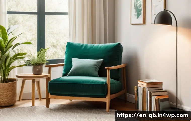 정보 다이어트법을 위한 독서 습관 - A cozy, modern reading nook in a bright, sunlit corner of a living room featuring a comfortable armc...