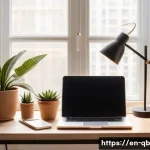 정보 다이어트법과 실용적인 생활 팁 - A serene, minimalist home office bathed in natural daylight streaming through a large window, featur...