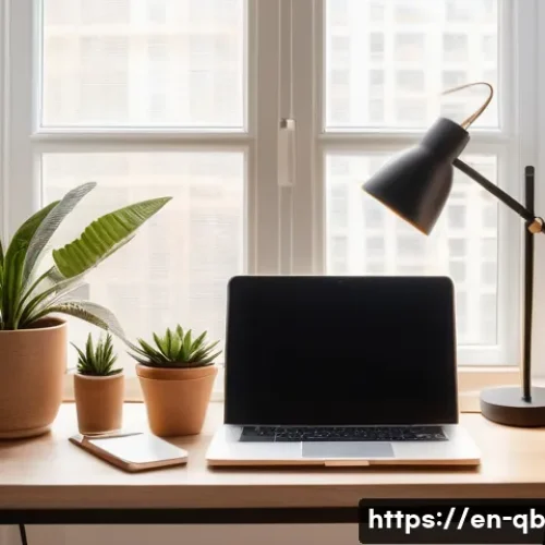 정보 다이어트법과 실용적인 생활 팁 - A serene, minimalist home office bathed in natural daylight streaming through a large window, featur...