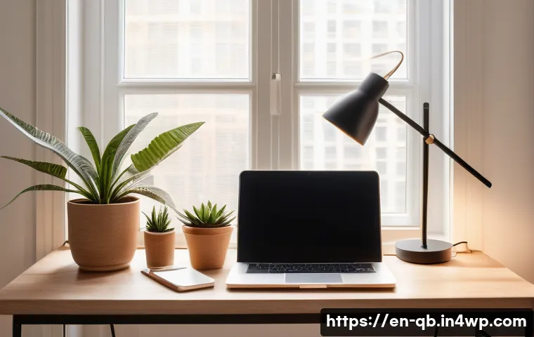 정보 다이어트법과 실용적인 생활 팁 - A serene, minimalist home office bathed in natural daylight streaming through a large window, featur...