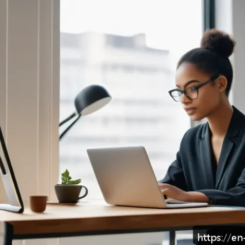 Home 30 정보 다이어트법과 디지털 인식 변화 - A serene modern home office scene featuring a young professional woman thoughtfully curating her dig...