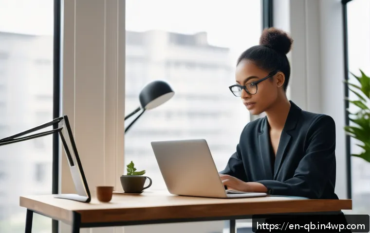 정보 다이어트법과 디지털 인식 변화 - A serene modern home office scene featuring a young professional woman thoughtfully curating her dig...