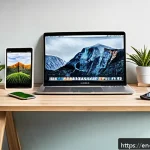 Home 23 정보 다이어트법을 위한 실천 노하우 - A modern minimalist home office setup featuring a sleek desk with a laptop, smartphone displaying a ...