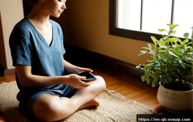 정보 다이어트법으로 마음 챙김 실천하기 - Photorealistic morning mindfulness scene in a sunlit American apartment, a relaxed young adult seate...