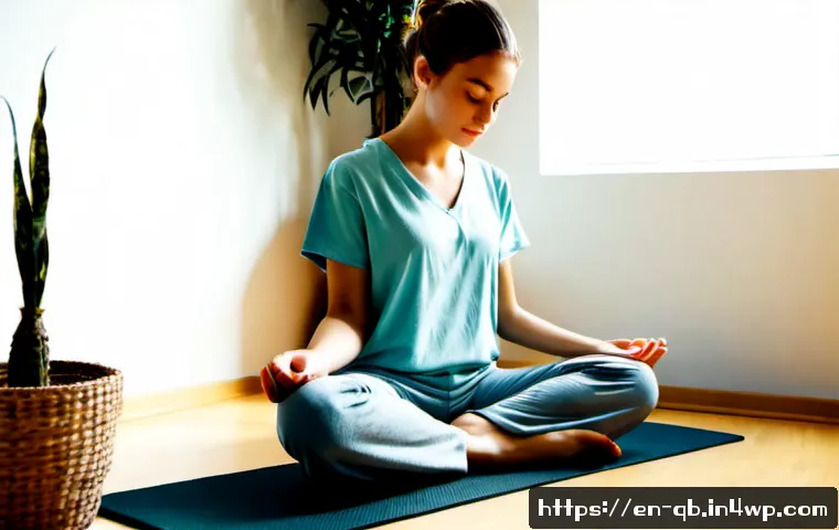 정보 다이어트법과 명상 - Photorealistic morning scene in a quiet sunlit apartment, a young adult in comfortable modest lounge...