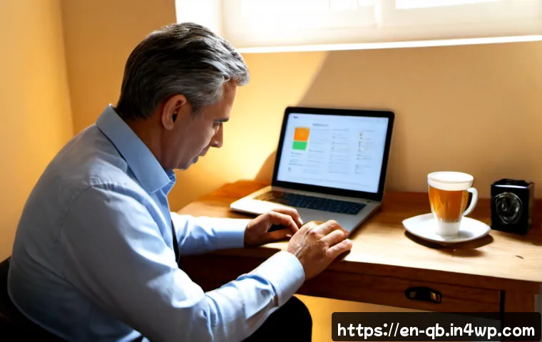 Home 17 정보 다이어트법의 필요성 - Photorealistic home office scene illustrating information diet necessity, an overwhelmed middle-aged...